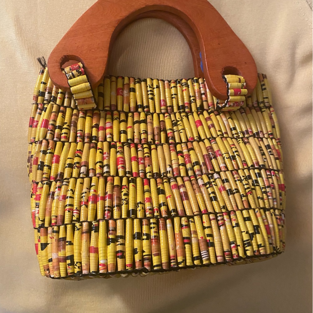 Rolled paper bead bag purse, wood handles, Made in Uganda